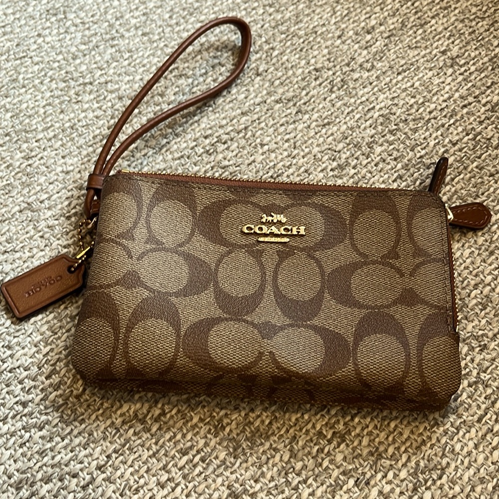 Coach signature brown C canvas double zip pocket wristlet
